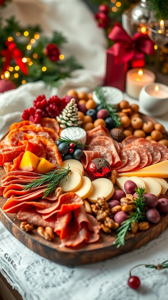 A festive charcuterie board with meats, cheeses, fruits, and nuts, decorated with herbs and holiday accents.